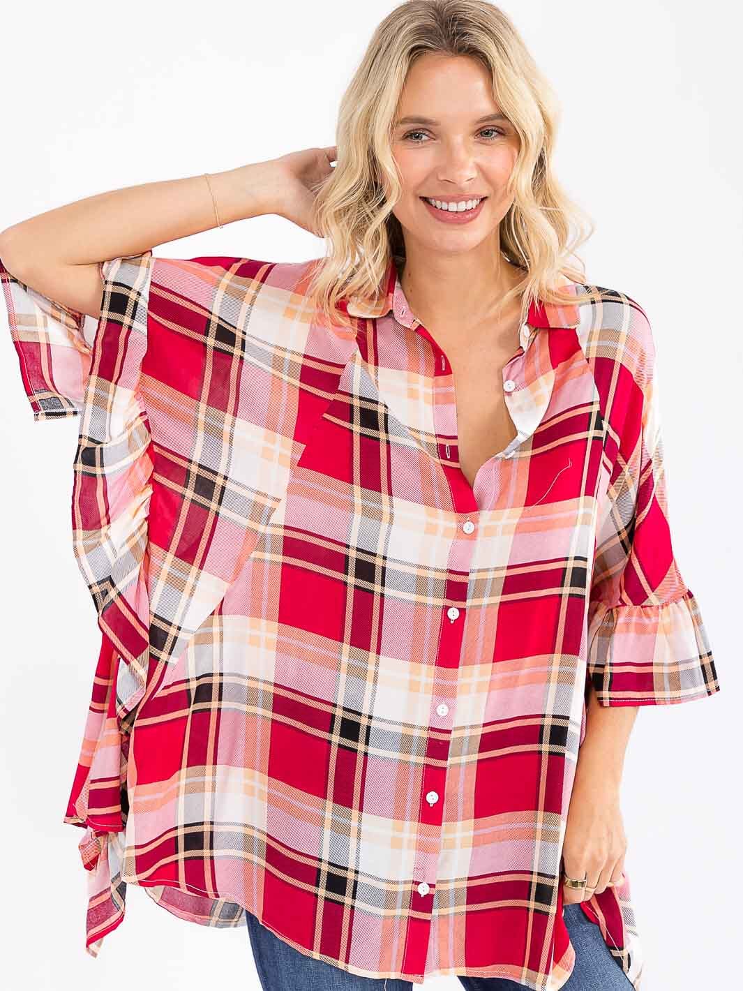 WOMEN'S SHORT SLEEVE BUTTON UP RUFFLE PLAID TUNIC TOP