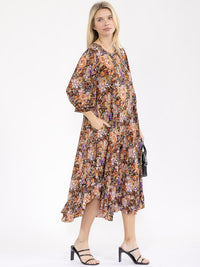 WOMEN'S 3/4 SLEEVE FRONT POCKETS LOOSE FIT FLORAL MAXI DRESS