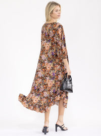 WOMEN'S 3/4 SLEEVE FRONT POCKETS LOOSE FIT FLORAL MAXI DRESS
