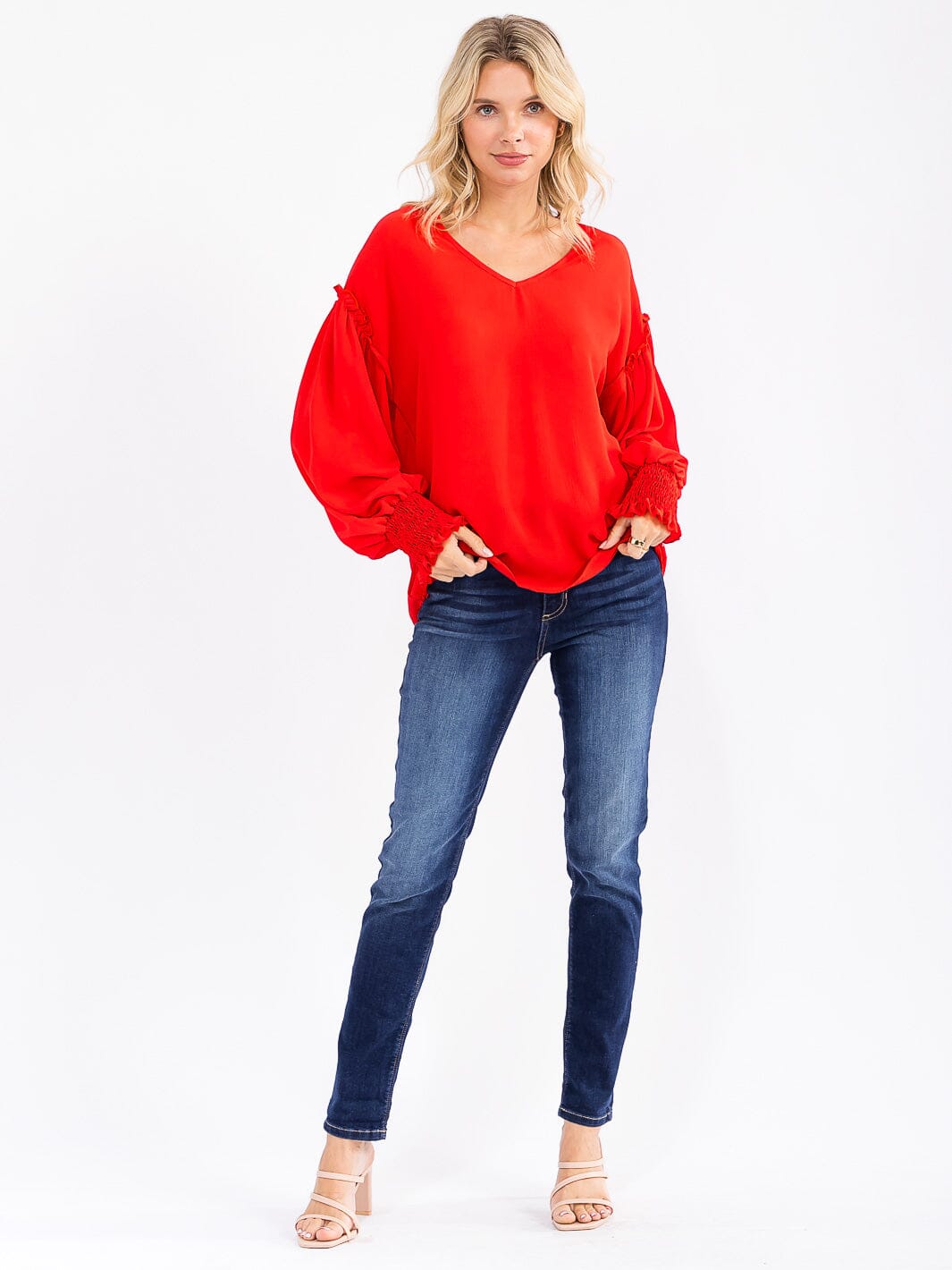 WOMEN'S LONG SLEEVE V-NECK CROCHET DETAILED LOOSE FIT BLOUSE