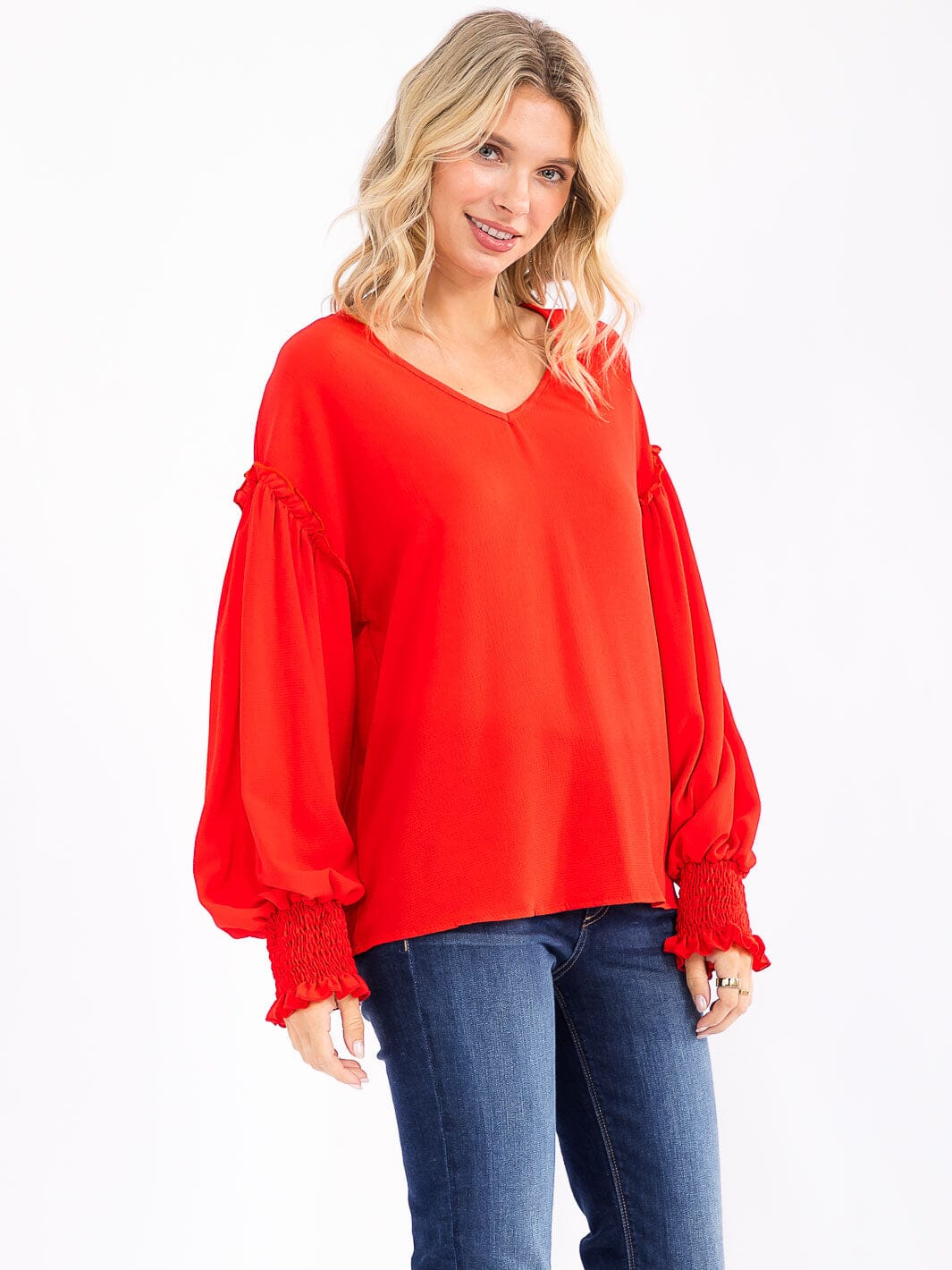 WOMEN'S LONG SLEEVE V-NECK CROCHET DETAILED LOOSE FIT BLOUSE