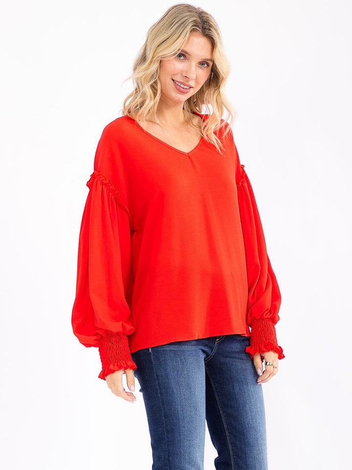 WOMEN'S LONG SLEEVE V-NECK CROCHET DETAILED LOOSE FIT BLOUSE