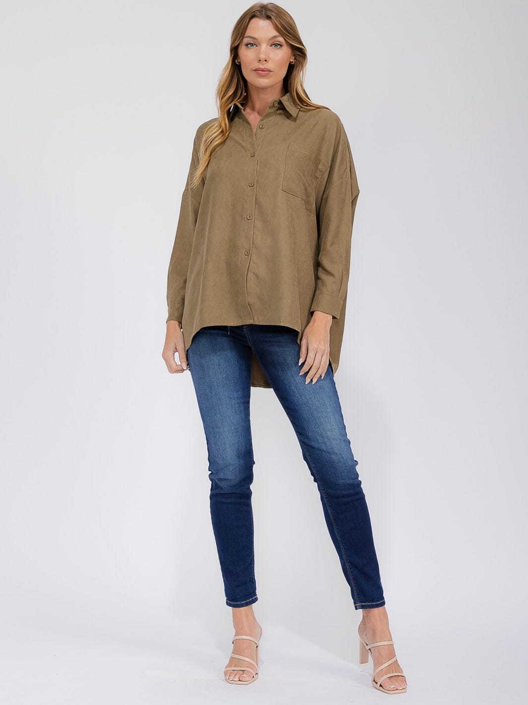 WOMEN'S LONG SLEEVE FRONT POCKET BUTTON UP HIGH-LOW CORDUROY OVERSIZED TOP