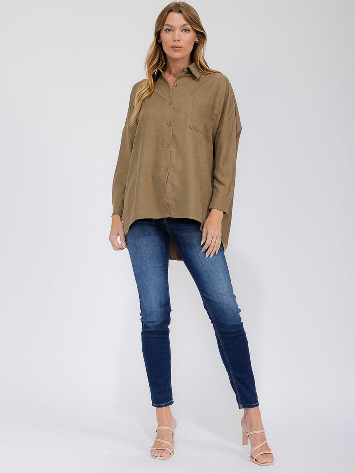 WOMEN'S LONG SLEEVE FRONT POCKET BUTTON UP HIGH-LOW CORDUROY OVERSIZED TOP
