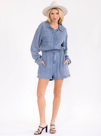 WOMEN'S LONG SLEEVE BUTTON UP POCKETS ELASTIC WAIST CHAMBRAY ROMPER