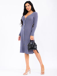 WOMEN'S LONG SLEEVE BUTTON UP SIDE SLIT MIDI DRESS