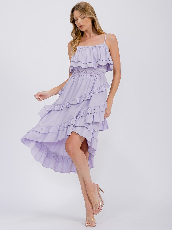 WOMEN'S SLEEVELESS RUFFLE TIERED HIGH-LOW MIDI DRESS