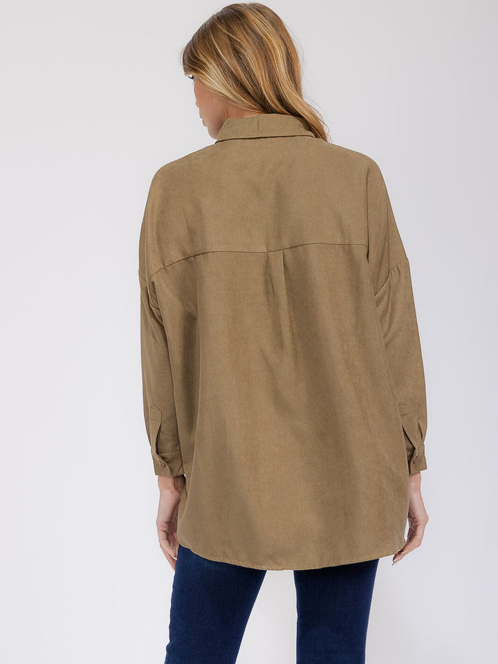 WOMEN'S LONG SLEEVE FRONT POCKET BUTTON UP HIGH-LOW CORDUROY OVERSIZED TOP