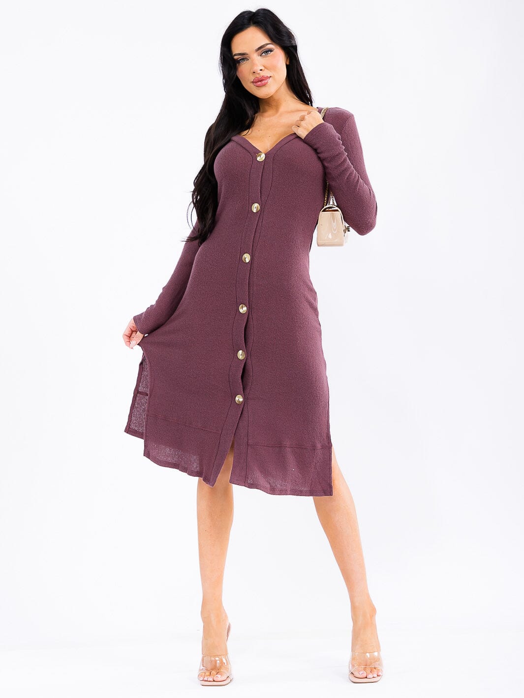 WOMEN'S LONG SLEEVE BUTTON UP SIDE SLIT MIDI DRESS