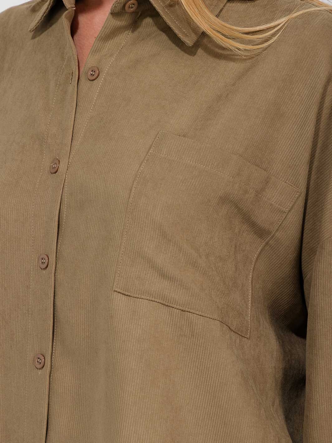 WOMEN'S LONG SLEEVE FRONT POCKET BUTTON UP HIGH-LOW CORDUROY OVERSIZED TOP