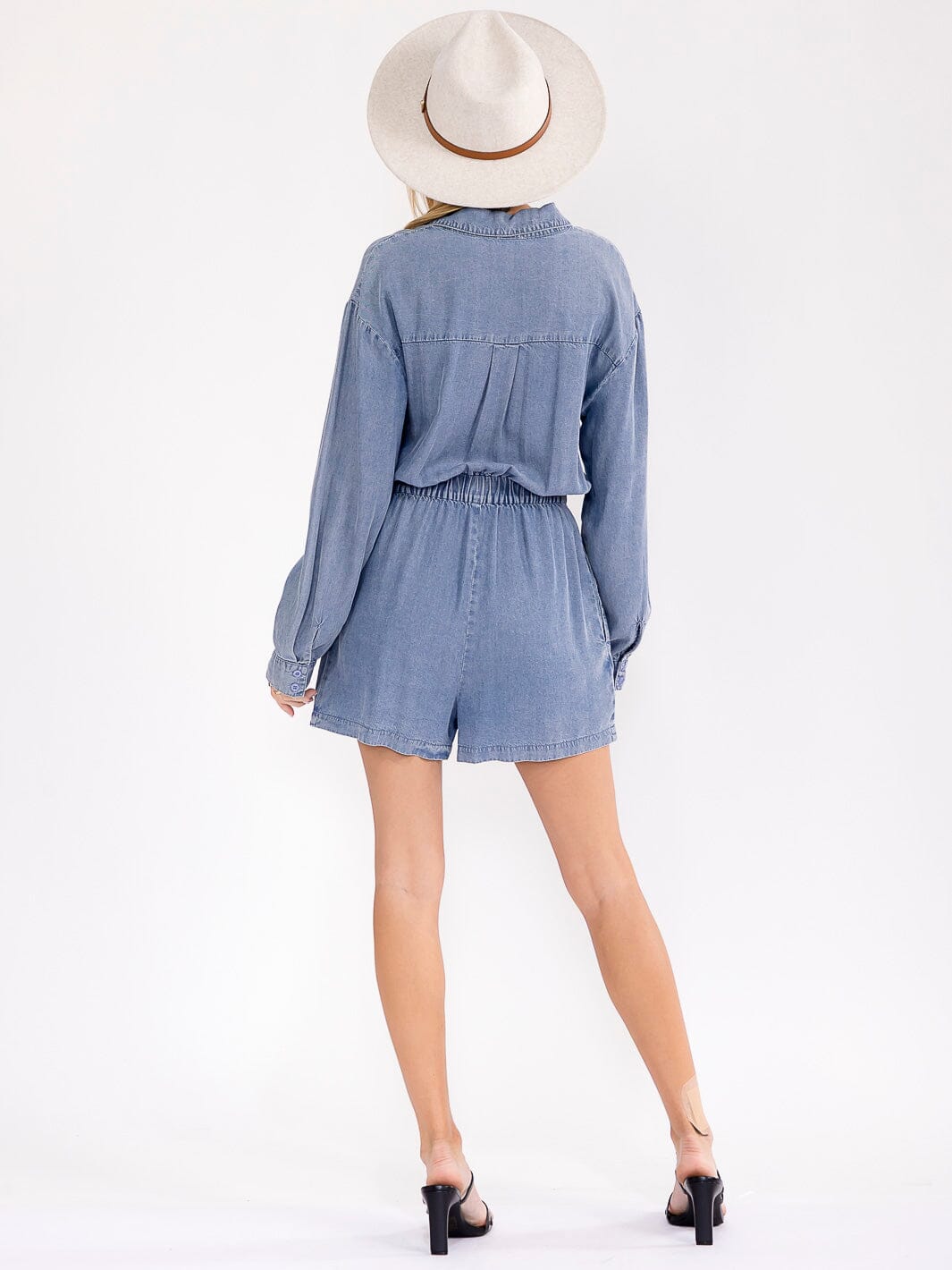 WOMEN'S LONG SLEEVE BUTTON UP POCKETS ELASTIC WAIST CHAMBRAY ROMPER