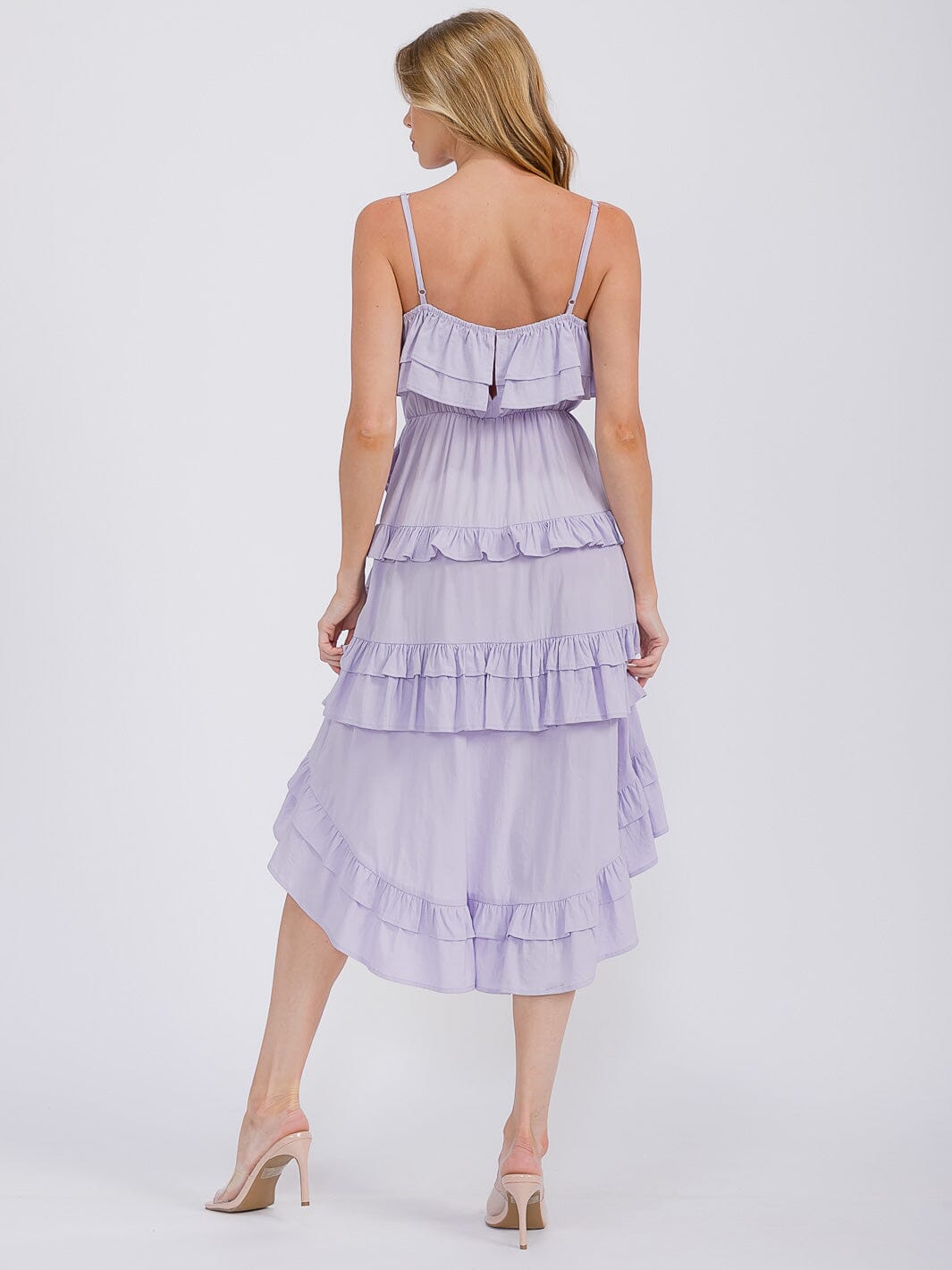 WOMEN'S SLEEVELESS RUFFLE TIERED HIGH-LOW MIDI DRESS