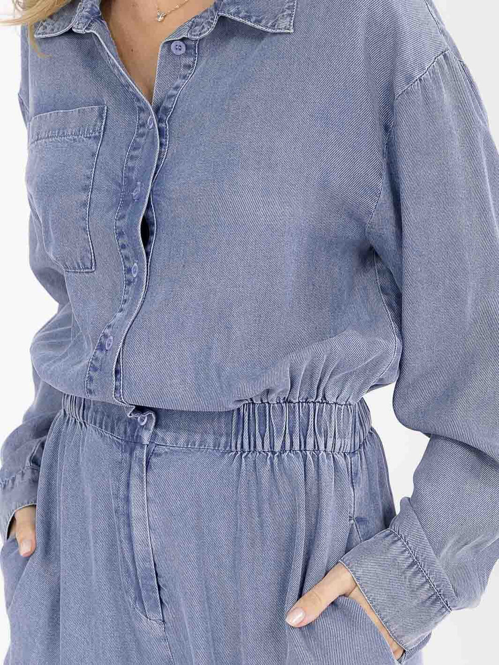 WOMEN'S LONG SLEEVE BUTTON UP POCKETS ELASTIC WAIST CHAMBRAY ROMPER