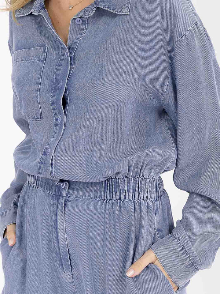WOMEN'S LONG SLEEVE BUTTON UP POCKETS ELASTIC WAIST CHAMBRAY ROMPER