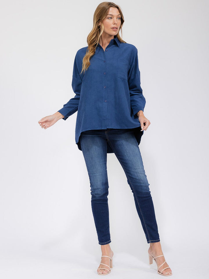 WOMEN'S LONG SLEEVE FRONT POCKET BUTTON UP HIGH-LOW CORDUROY OVERSIZED TOP