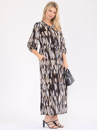 WOMEN'S 3/4 SLEEVE FRONT POCKETS MULTI PRINT MAXI DRESS