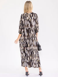WOMEN'S 3/4 SLEEVE FRONT POCKETS MULTI PRINT MAXI DRESS