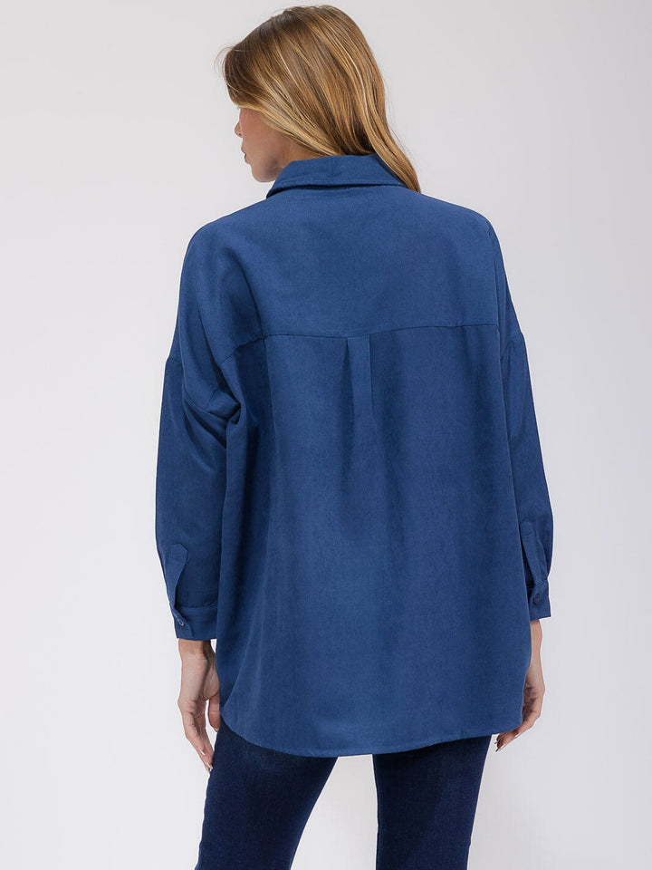 WOMEN'S LONG SLEEVE FRONT POCKET BUTTON UP HIGH-LOW CORDUROY OVERSIZED TOP