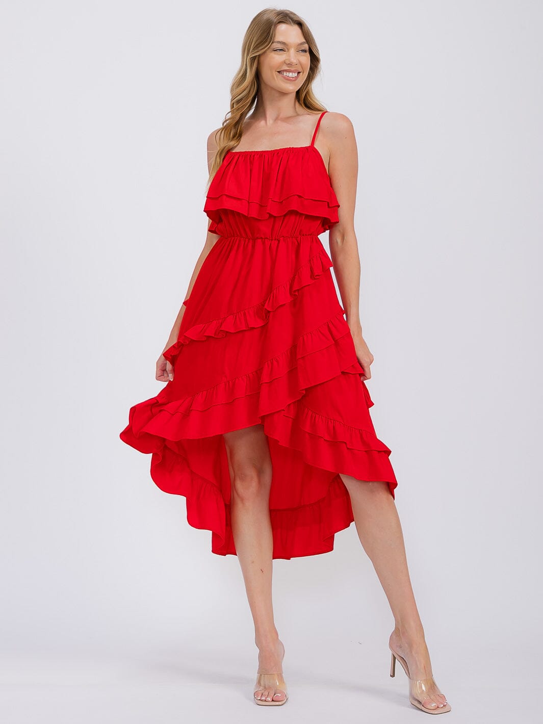 WOMEN'S SLEEVELESS RUFFLE TIERED HIGH-LOW MIDI DRESS