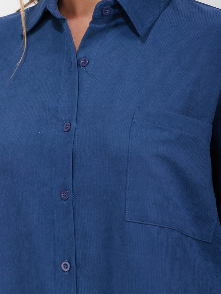 WOMEN'S LONG SLEEVE FRONT POCKET BUTTON UP HIGH-LOW CORDUROY OVERSIZED TOP