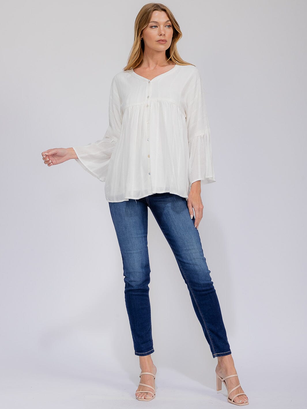 WOMEN'S LONG BELL SLEEVE BUTTON UP BLOUSE