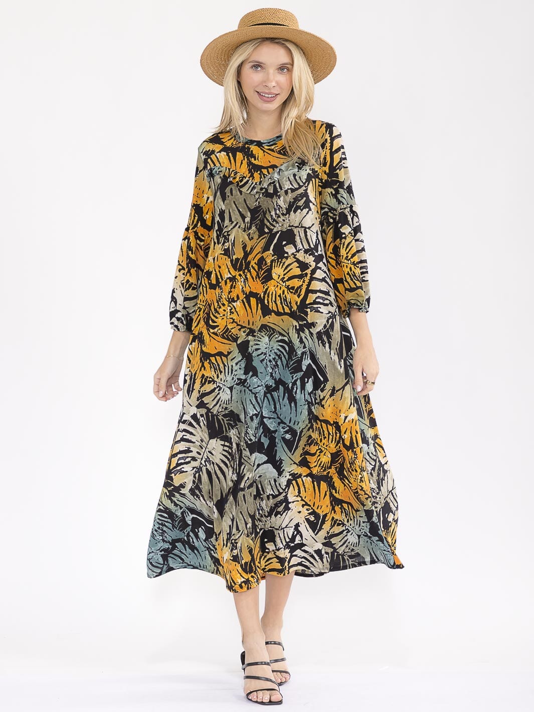 WOMEN'S 3/4 SLEEVE FRONT POCKETS LEAF PRINT MAXI DRESS