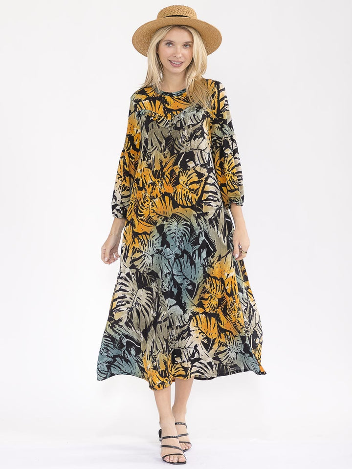 WOMEN'S 3/4 SLEEVE FRONT POCKETS LEAF PRINT MAXI DRESS