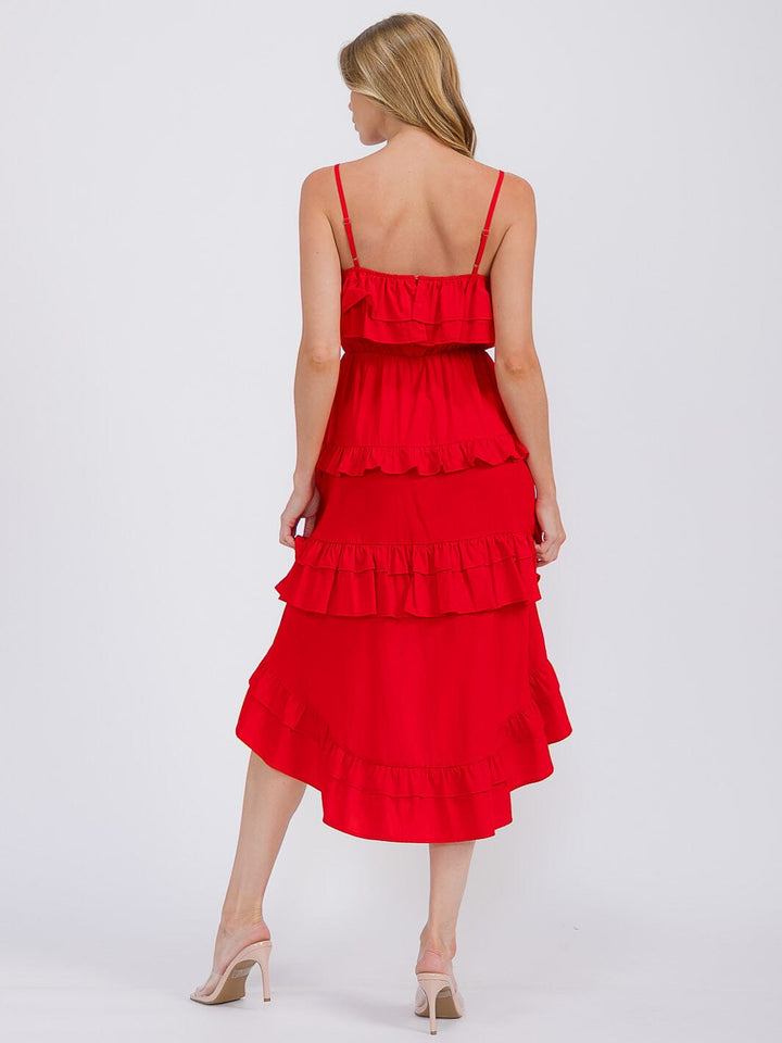 WOMEN'S SLEEVELESS RUFFLE TIERED HIGH-LOW MIDI DRESS