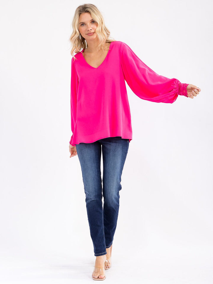 WOMEN'S LONG SLEEVE V-NECK CROCHET DETAILED LOOSE FIT BLOUSE