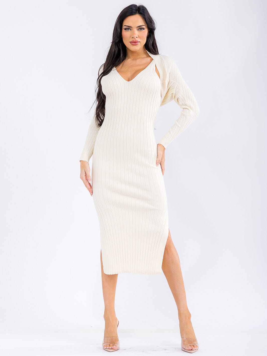 WOMEN'S SLEEVELESS V-NECK MAXI DRESS WITH LONG SLEEVE BOLERO RIBBED 2PC.SET