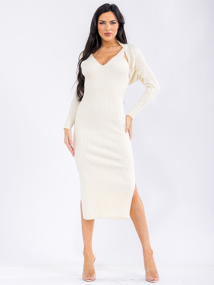 WOMEN'S SLEEVELESS V-NECK MAXI DRESS WITH LONG SLEEVE BOLERO RIBBED 2PC.SET