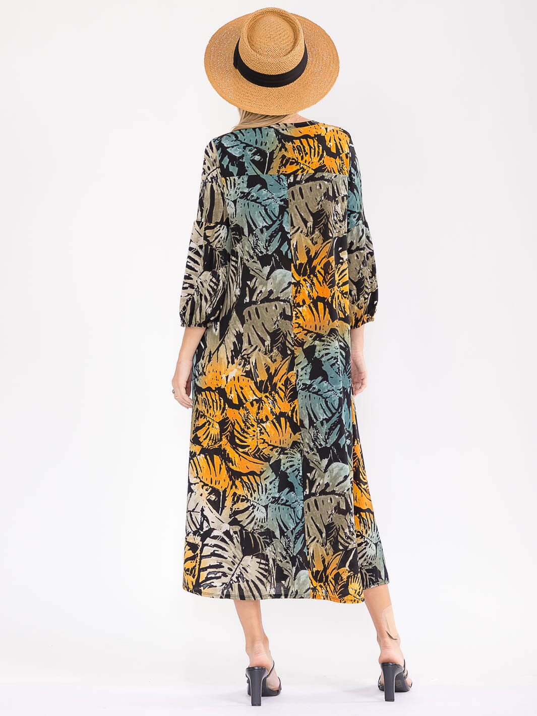 WOMEN'S 3/4 SLEEVE FRONT POCKETS LEAF PRINT MAXI DRESS