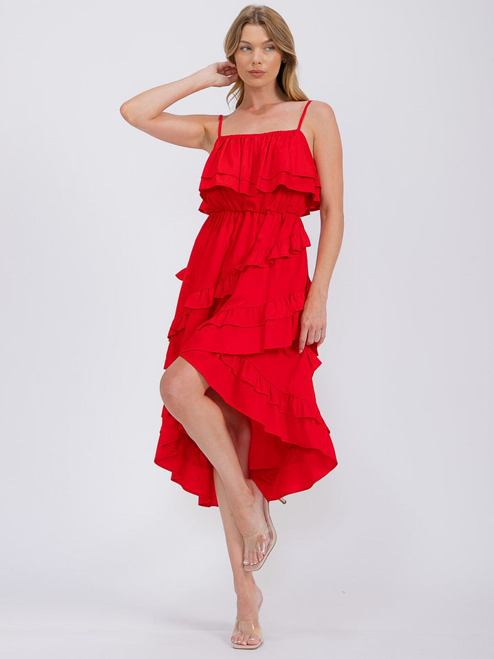WOMEN'S SLEEVELESS RUFFLE TIERED HIGH-LOW MIDI DRESS