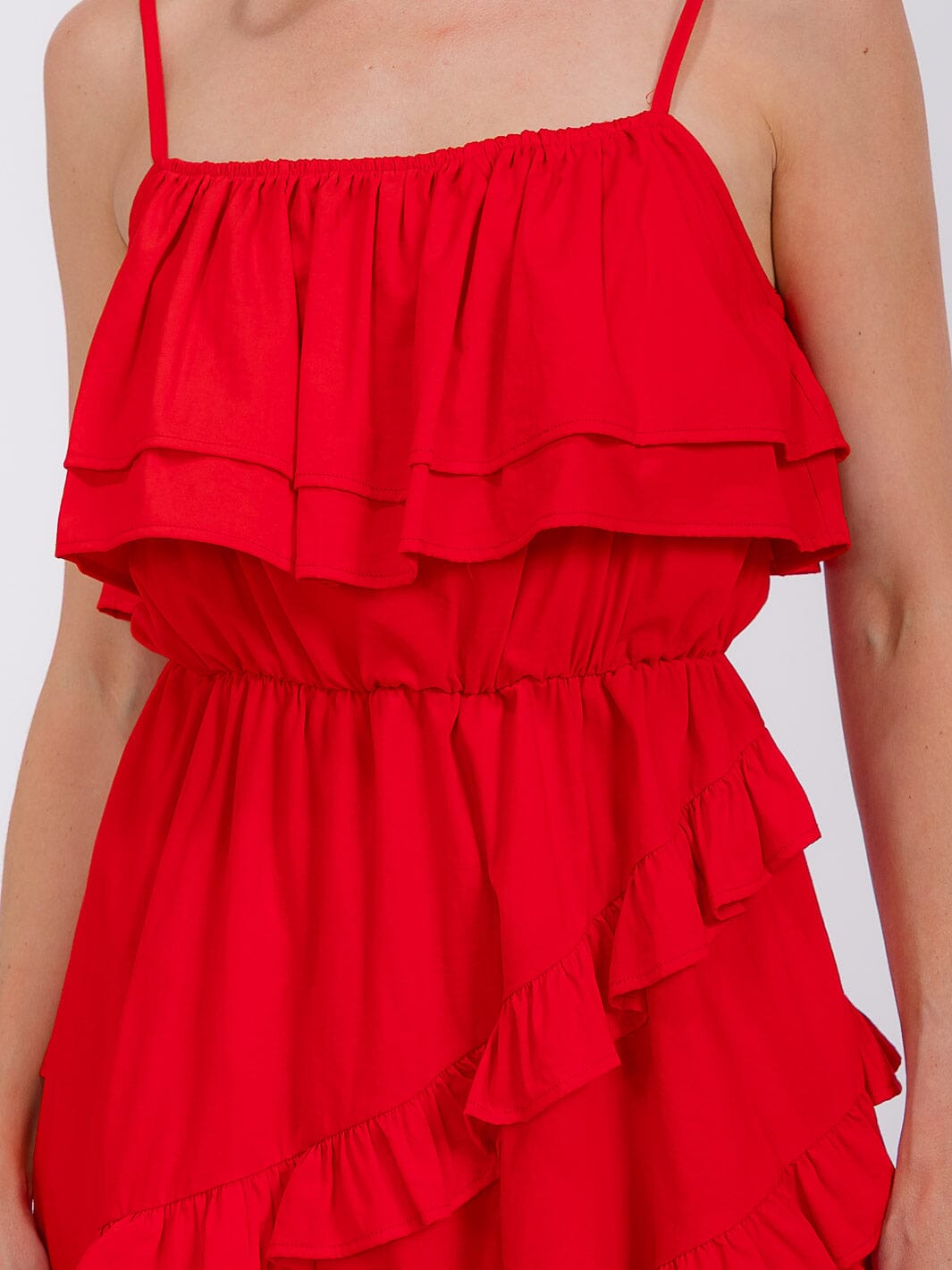 WOMEN'S SLEEVELESS RUFFLE TIERED HIGH-LOW MIDI DRESS