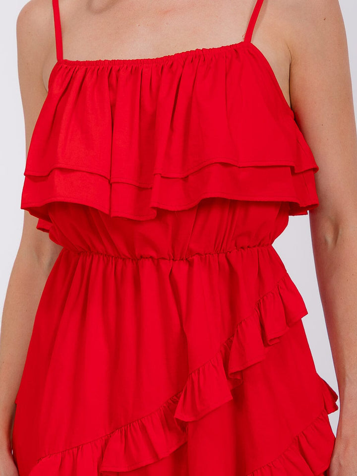 WOMEN'S SLEEVELESS RUFFLE TIERED HIGH-LOW MIDI DRESS