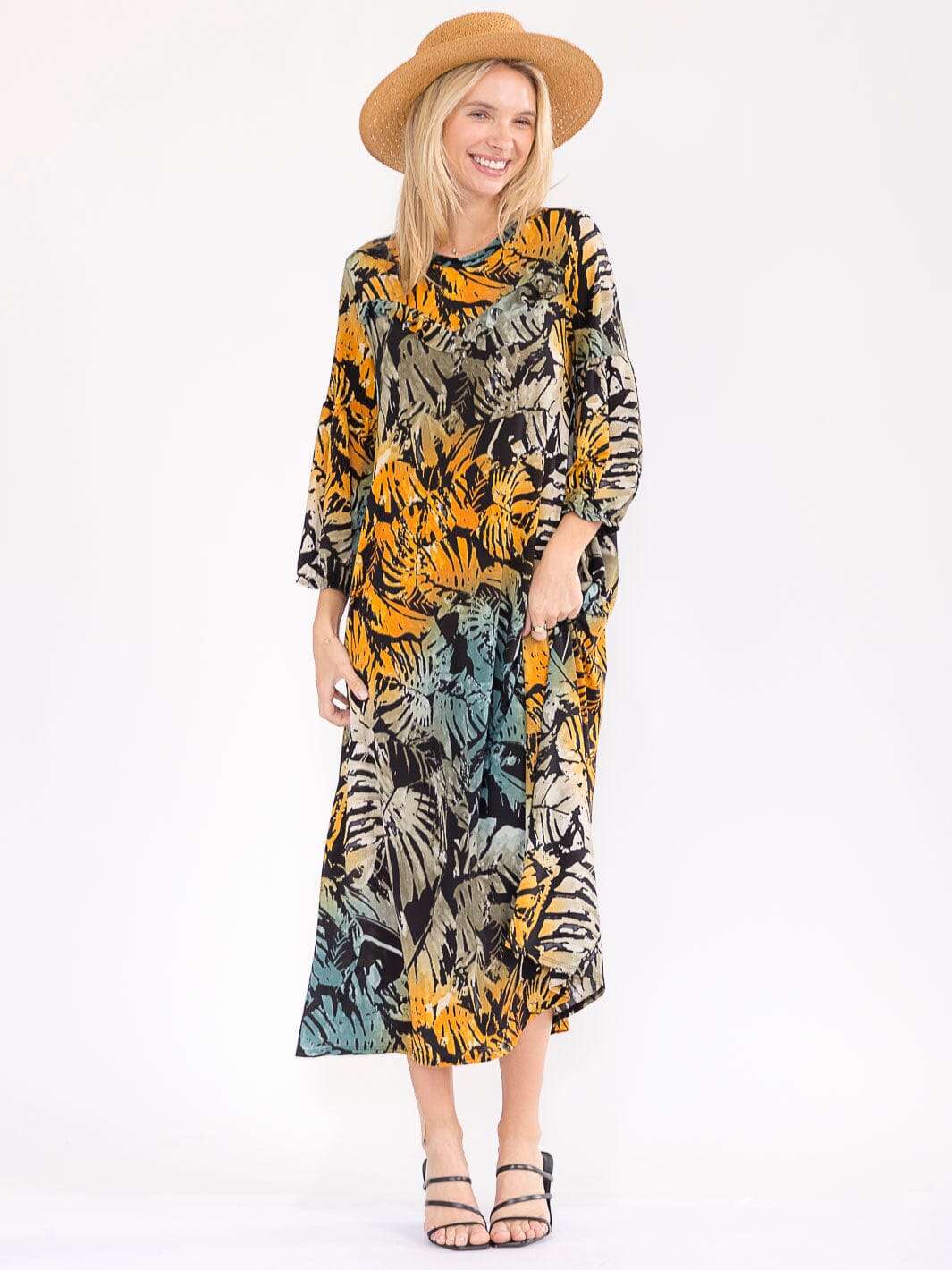 WOMEN'S 3/4 SLEEVE FRONT POCKETS LEAF PRINT MAXI DRESS