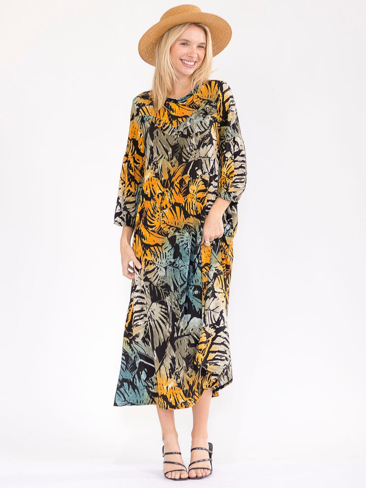 WOMEN'S 3/4 SLEEVE FRONT POCKETS LEAF PRINT MAXI DRESS
