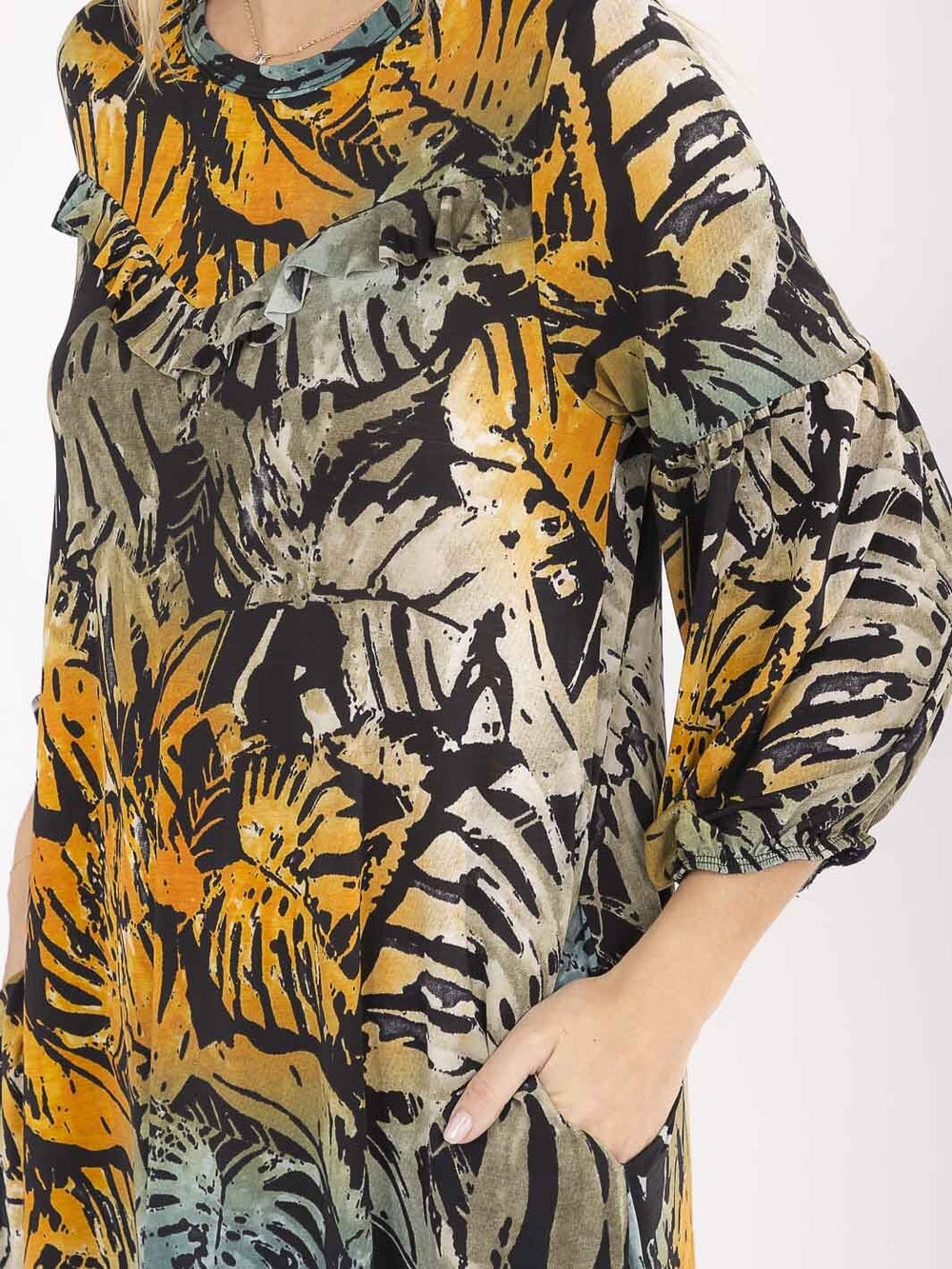 WOMEN'S 3/4 SLEEVE FRONT POCKETS LEAF PRINT MAXI DRESS