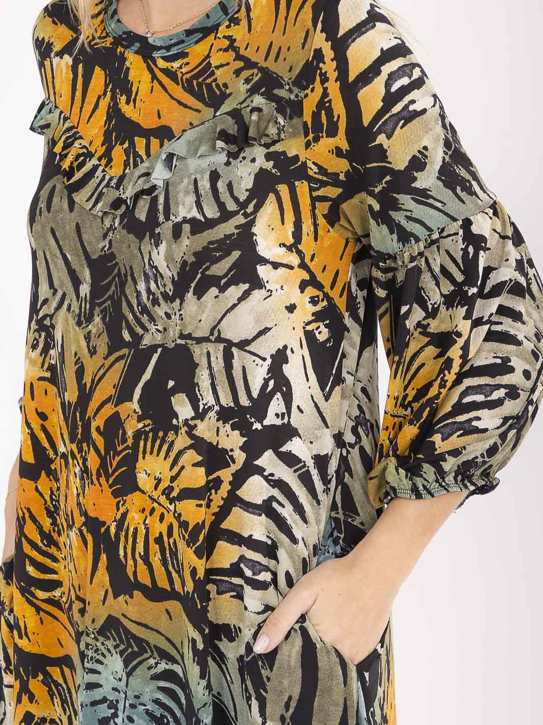 WOMEN'S 3/4 SLEEVE FRONT POCKETS LEAF PRINT MAXI DRESS