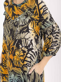 WOMEN'S 3/4 SLEEVE FRONT POCKETS LEAF PRINT MAXI DRESS