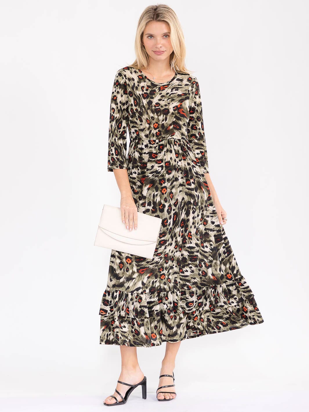 WOMEN'S 3/4 SLEEVE FRONT POCKETS ANIMAL PRINT MAXI DRESS