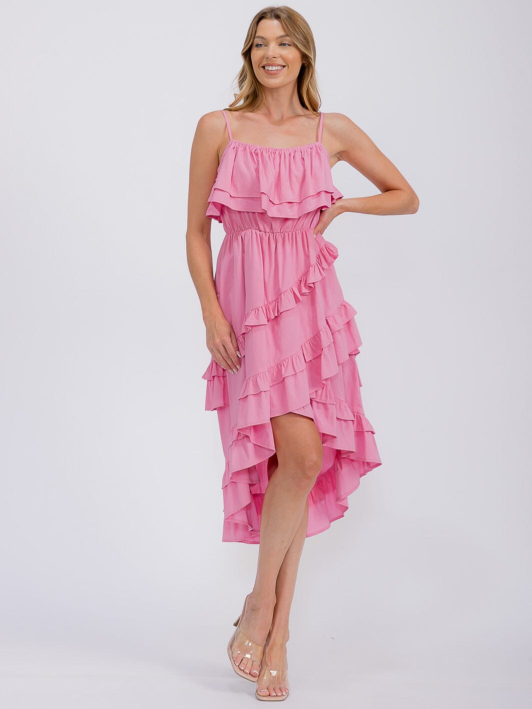 WOMEN'S SLEEVELESS RUFFLE TIERED HIGH-LOW MIDI DRESS
