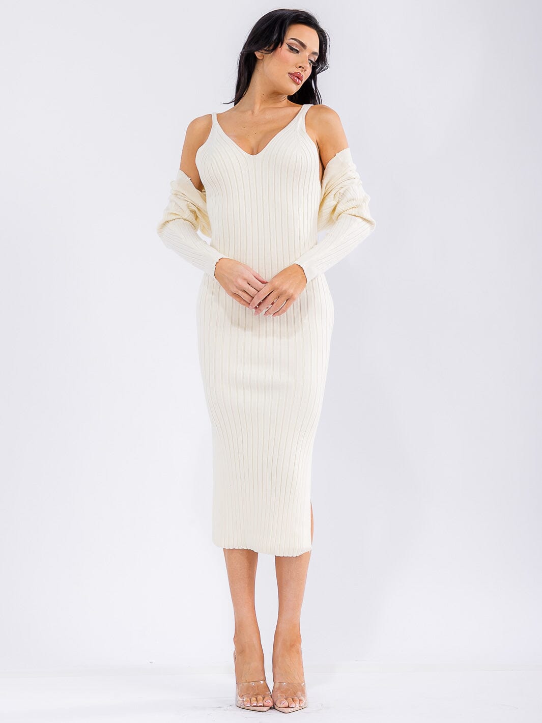 WOMEN'S SLEEVELESS V-NECK MAXI DRESS WITH LONG SLEEVE BOLERO RIBBED 2PC.SET