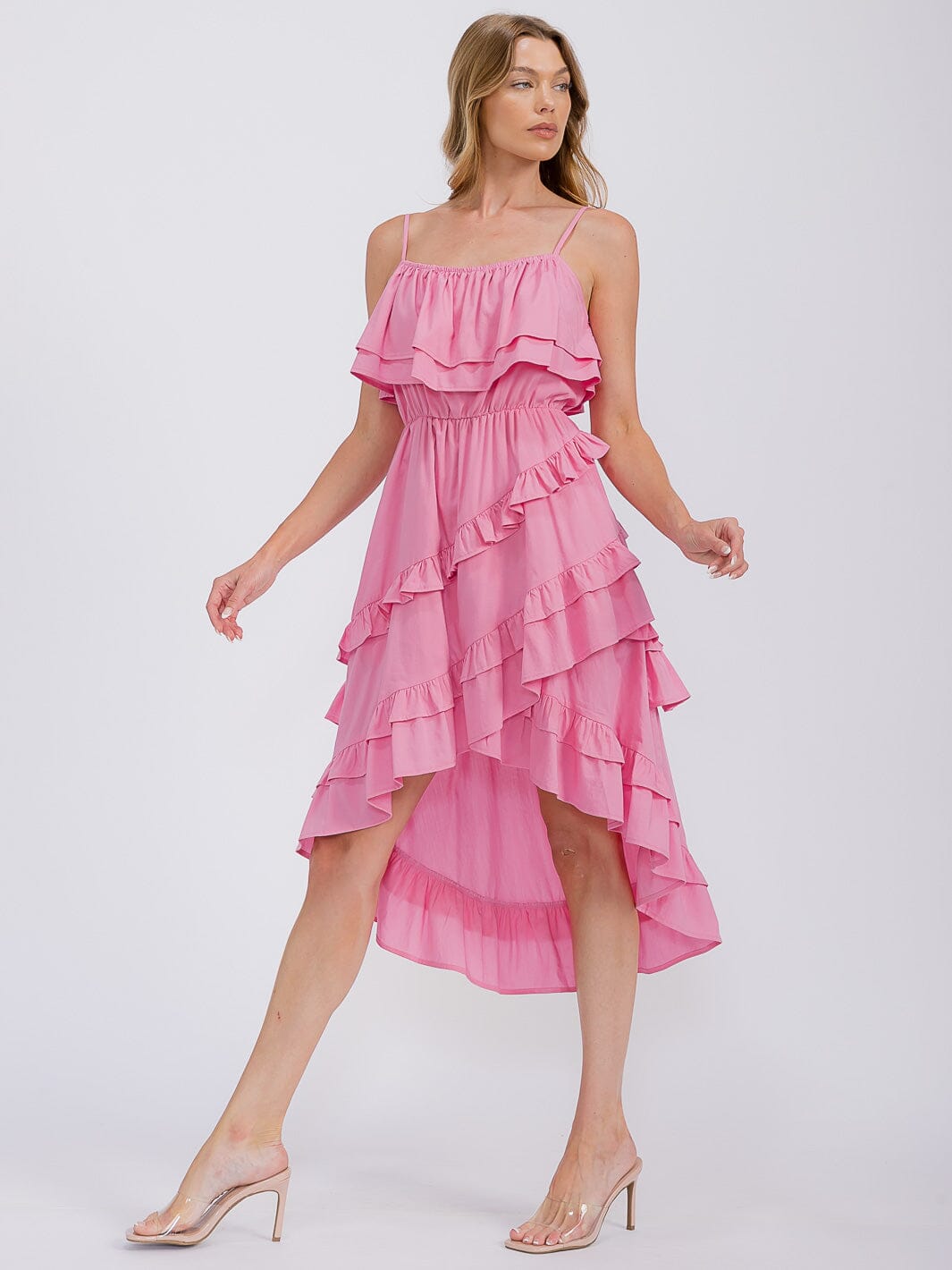 WOMEN'S SLEEVELESS RUFFLE TIERED HIGH-LOW MIDI DRESS