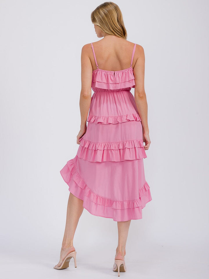 WOMEN'S SLEEVELESS RUFFLE TIERED HIGH-LOW MIDI DRESS