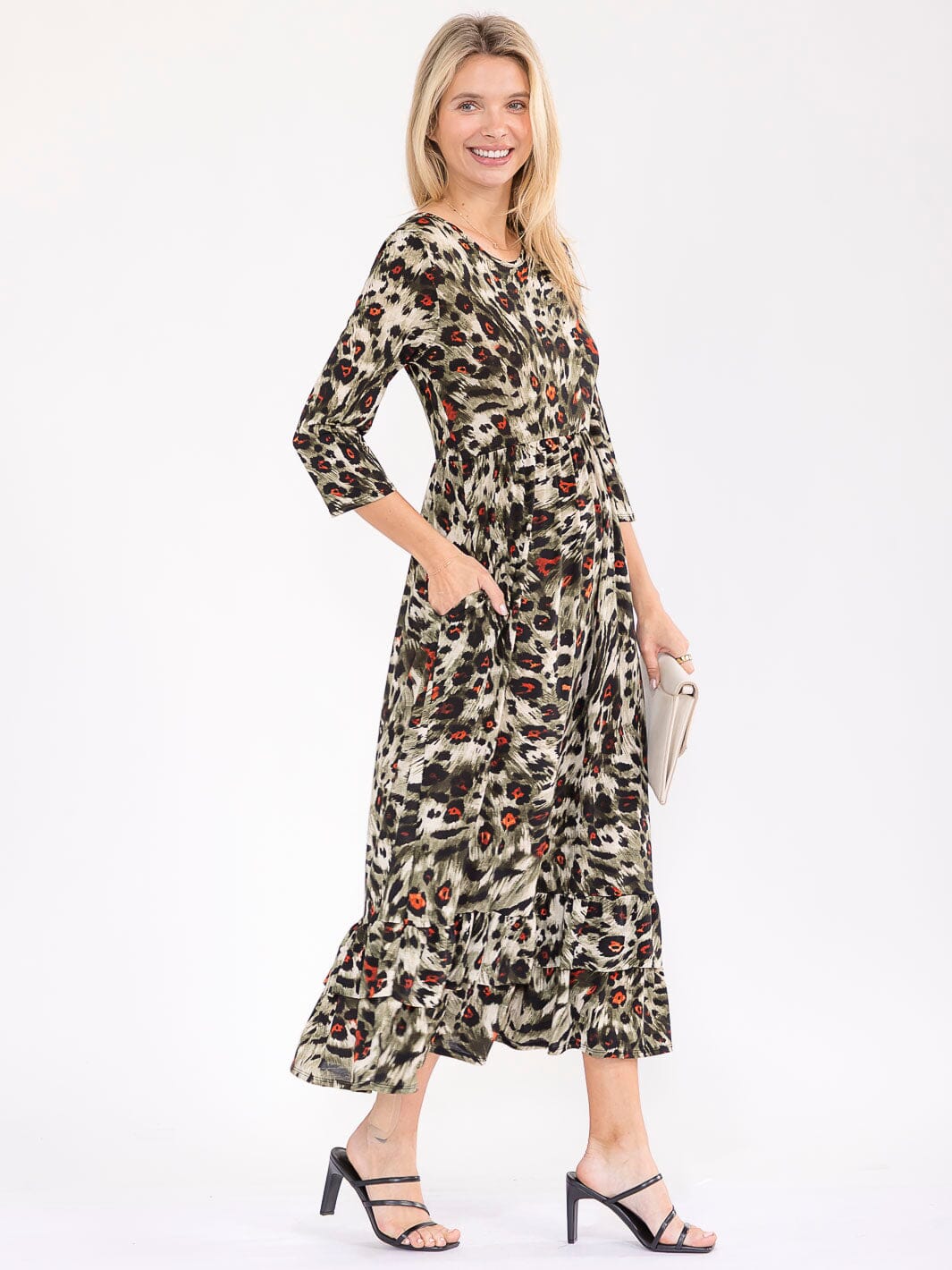 WOMEN'S 3/4 SLEEVE FRONT POCKETS ANIMAL PRINT MAXI DRESS