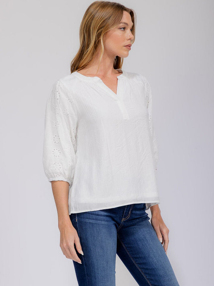WOMEN'S SHORT EYELET SLEEVE V-NECK BLOUSE