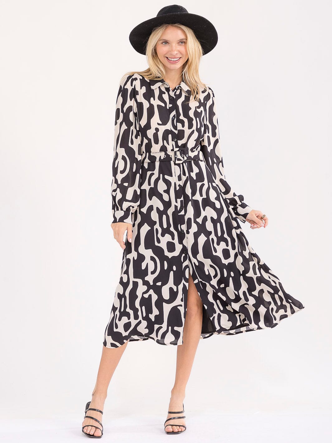 WOMEN'S LONG SLEEVE BUTTON UP BELTED PRINT MIDI DRESS