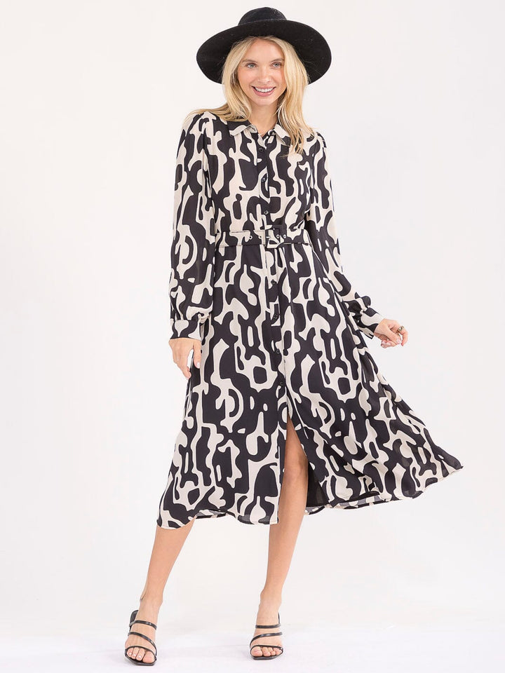 WOMEN'S LONG SLEEVE BUTTON UP BELTED PRINT MIDI DRESS