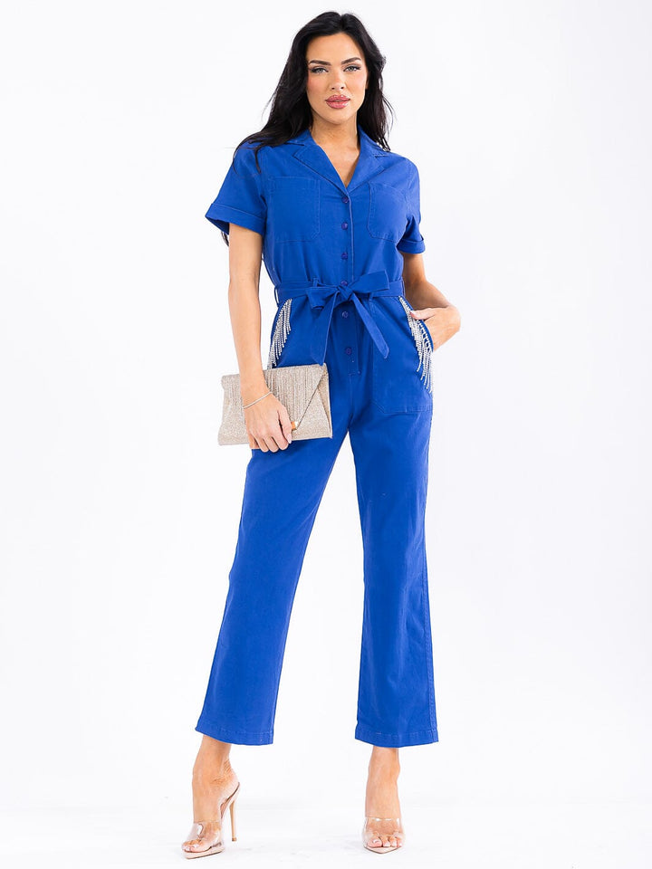 WOMEN'S SHORT SLEEVE BUTTON UP POCKETS SELF TIE FRINGE STUDS WIDE LEG DENIM JUMPSUIT